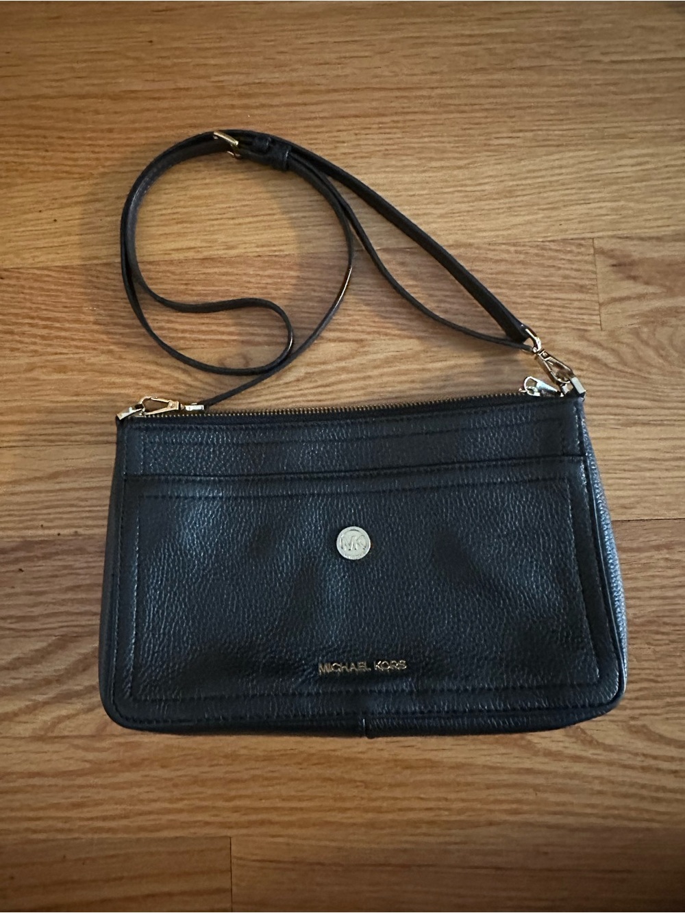 Michael Kors Black Pebbled Leather Crossbody with Gold Accents